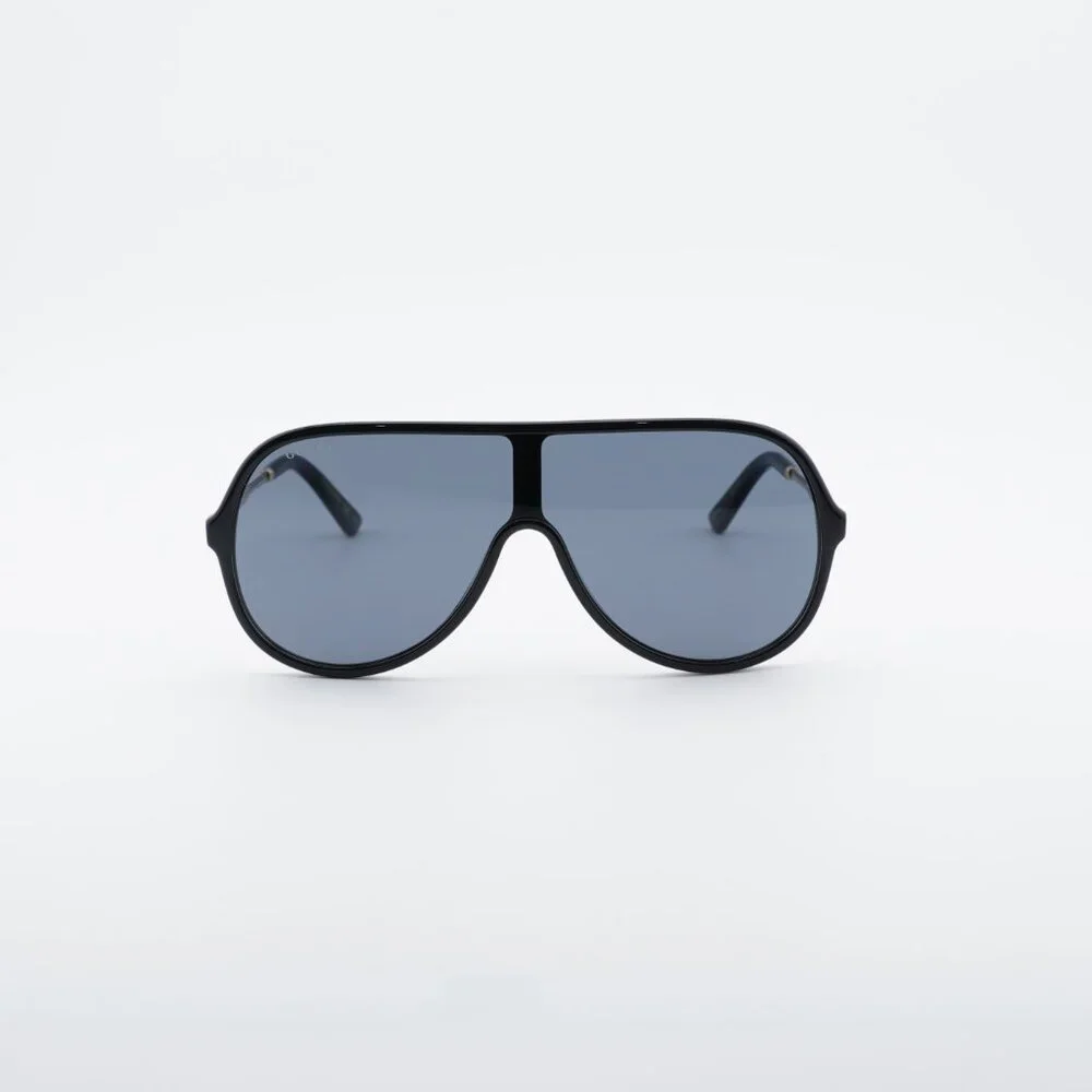 Gucci GG0199S 001 Sunglasses Shiny Black/Gold Shield Frame, Grey Lenses